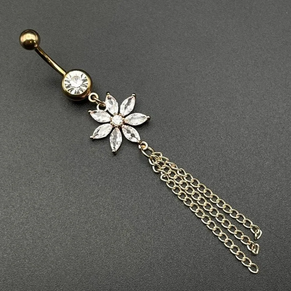 316L Stainless Steel with White Diamond Cubic Zirconia Flower 14G Belly Ring